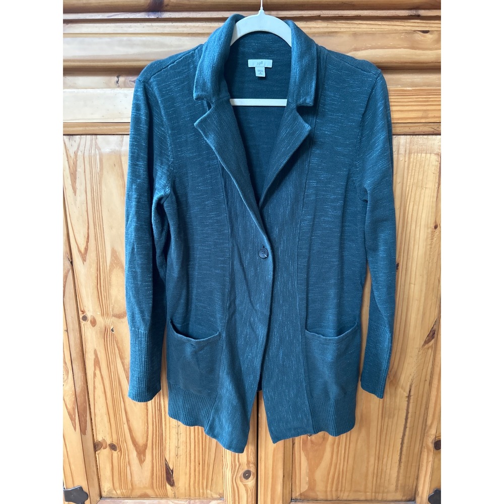 J.Jill Womens Teal Green Space Dye Knit Blazer Cardigan Sweater M Petite